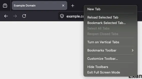 Firefox toolbar context menu open when in fullscreen mode. Second to last item is Hide Toolbars
