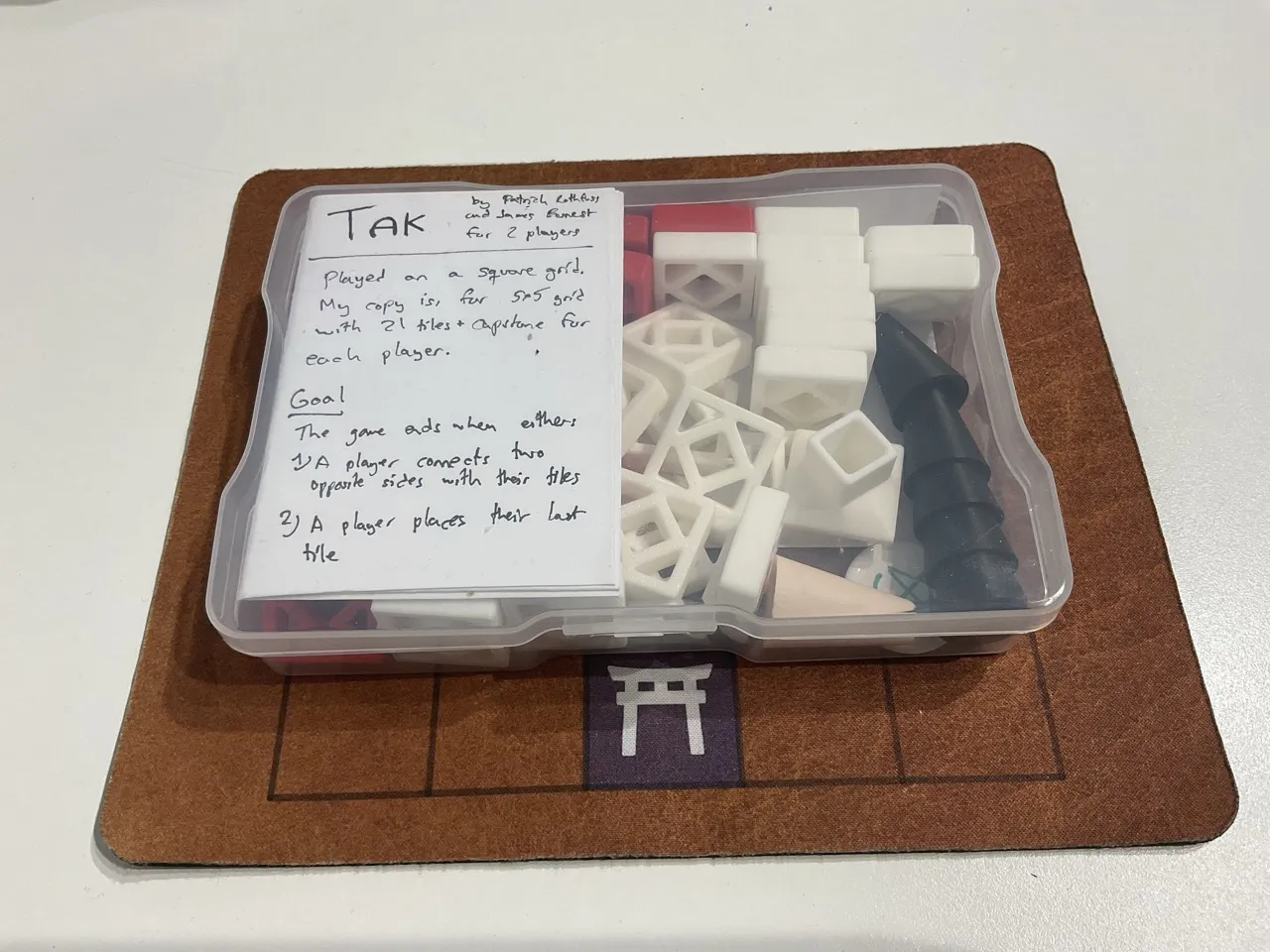 A plastic clear box with a bunch of 3D printed components and a small handwritten rulebook tucked into it. It's on top of a brown mousepad.