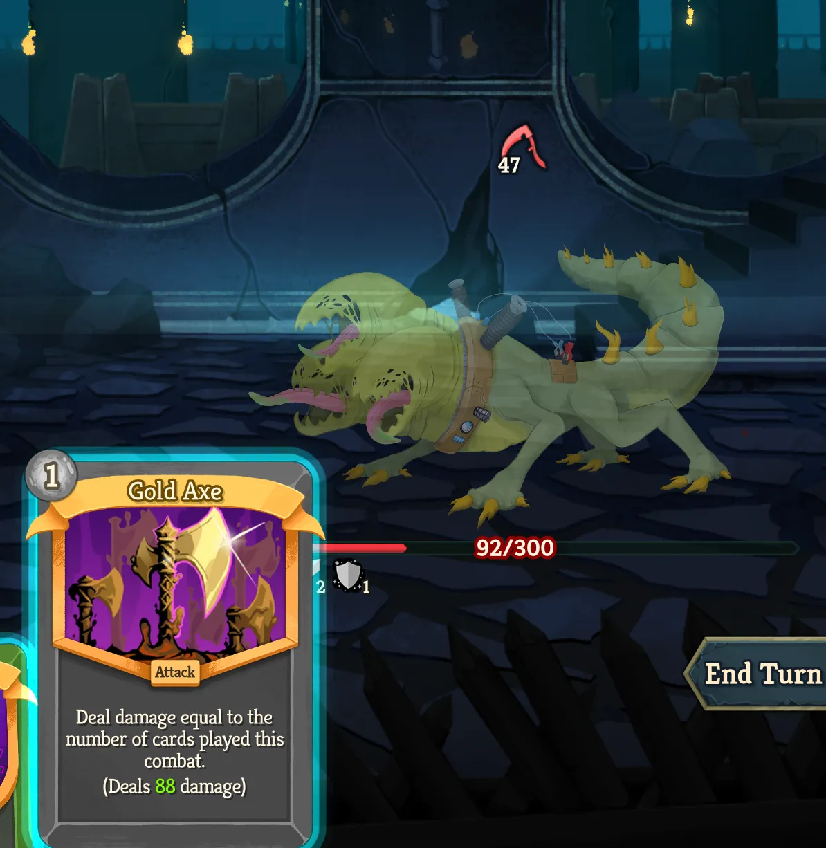 Gold Axe doing 88 damage to a three headed mutant lizard dog with 92 health.