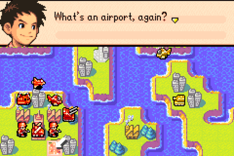 A dialogue overlay on top of a battlefield comprised of islands, buildings and units. In the dialogue, Andy asks What's an airport, again?