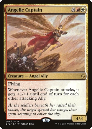 Magic the Gathering card Angelic Captain. It's a 4/3 Creature Angel Ally for 3 colorless, red and white and it has Flying and Whenever Angelic Captain attacks, it gets a +1/+1 until end of turn for each other attacking Ally.
