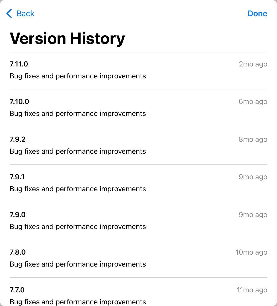 Screenshot of an iOS app's changelog where every entry reads Bug fixes and performance improvements