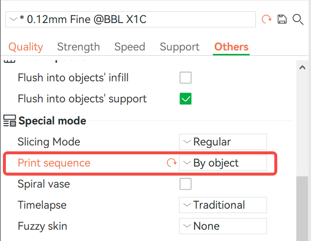 Bambu Studio configuration's Others tab with Print sequence By object highlighted