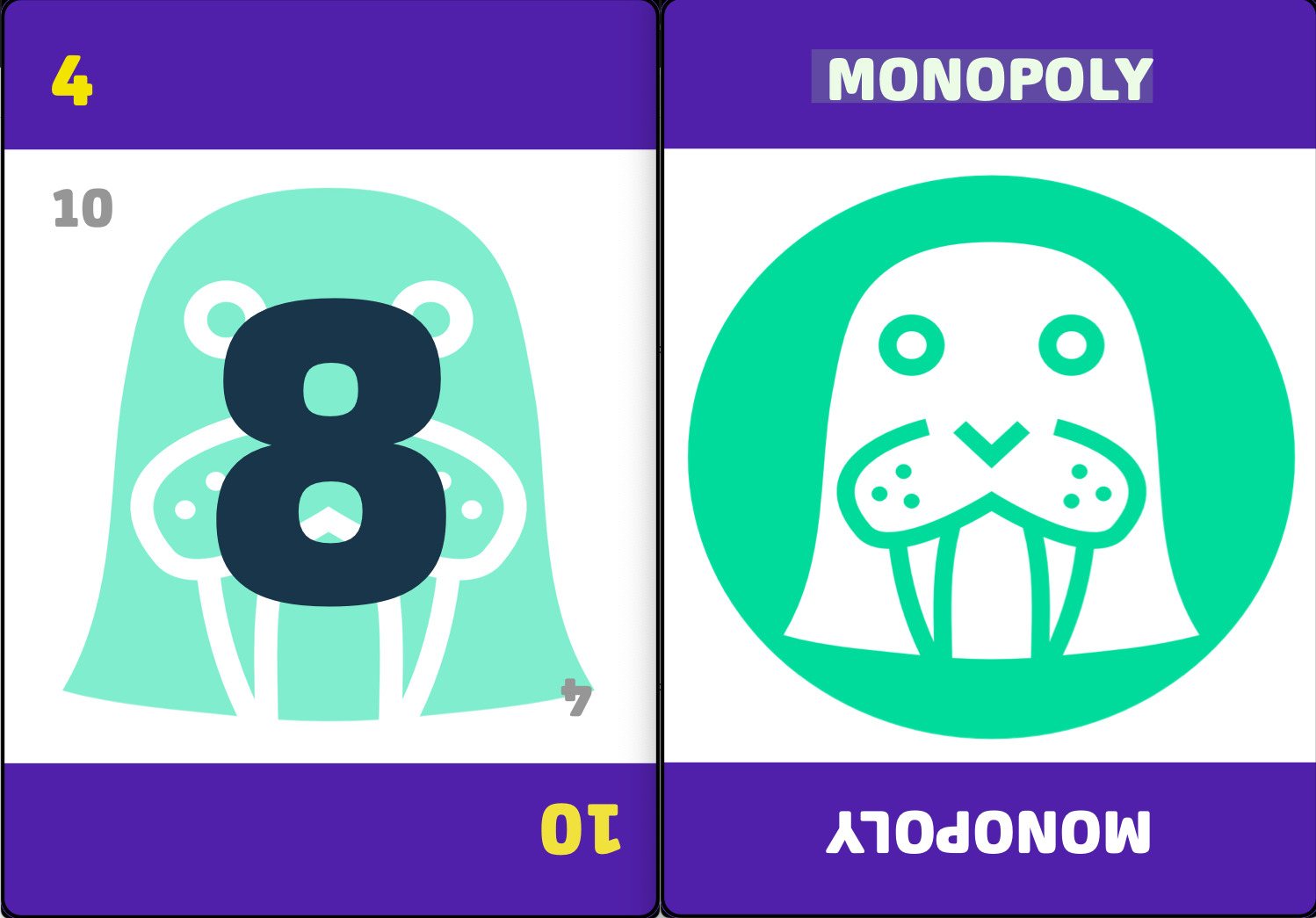 Two prototype cards. Both of them have a strong purple stripe up top and in the bottom with white background between them. Left card has yellow 4 on top and yellow 10 upside down at the bottom. In the middle, a black bold 8 and a teal walrus partly visible on the background. Right card has the same walrus but white on a teal circle and both on top and bottom there's word MONOPOLY