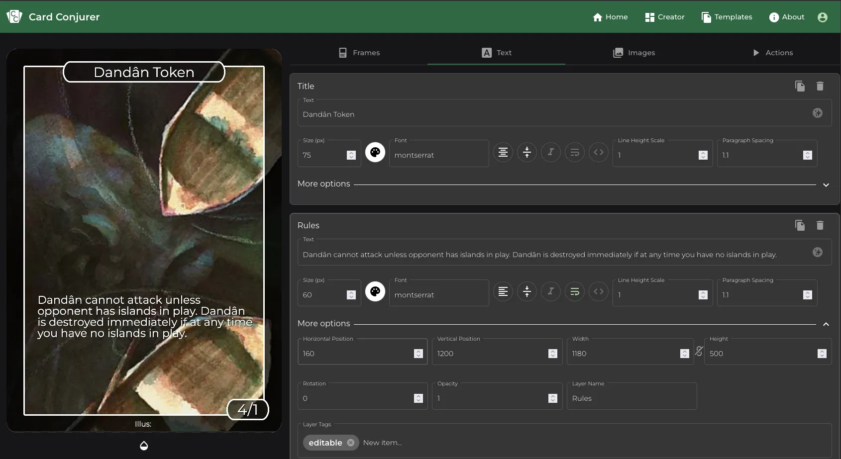 Screenshot of Card Conjurer with Dandân Token card being designed