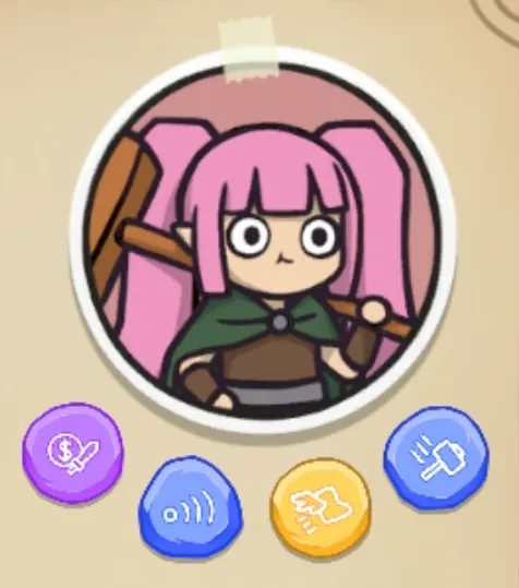 Player avatar of a pink haired female fighter with a massive hammer. Below, there are four pebbles in purple, blue and yellow with carvings: a dollar sign with a sword, a soundwave, a flying boot with a wing and a hammer.