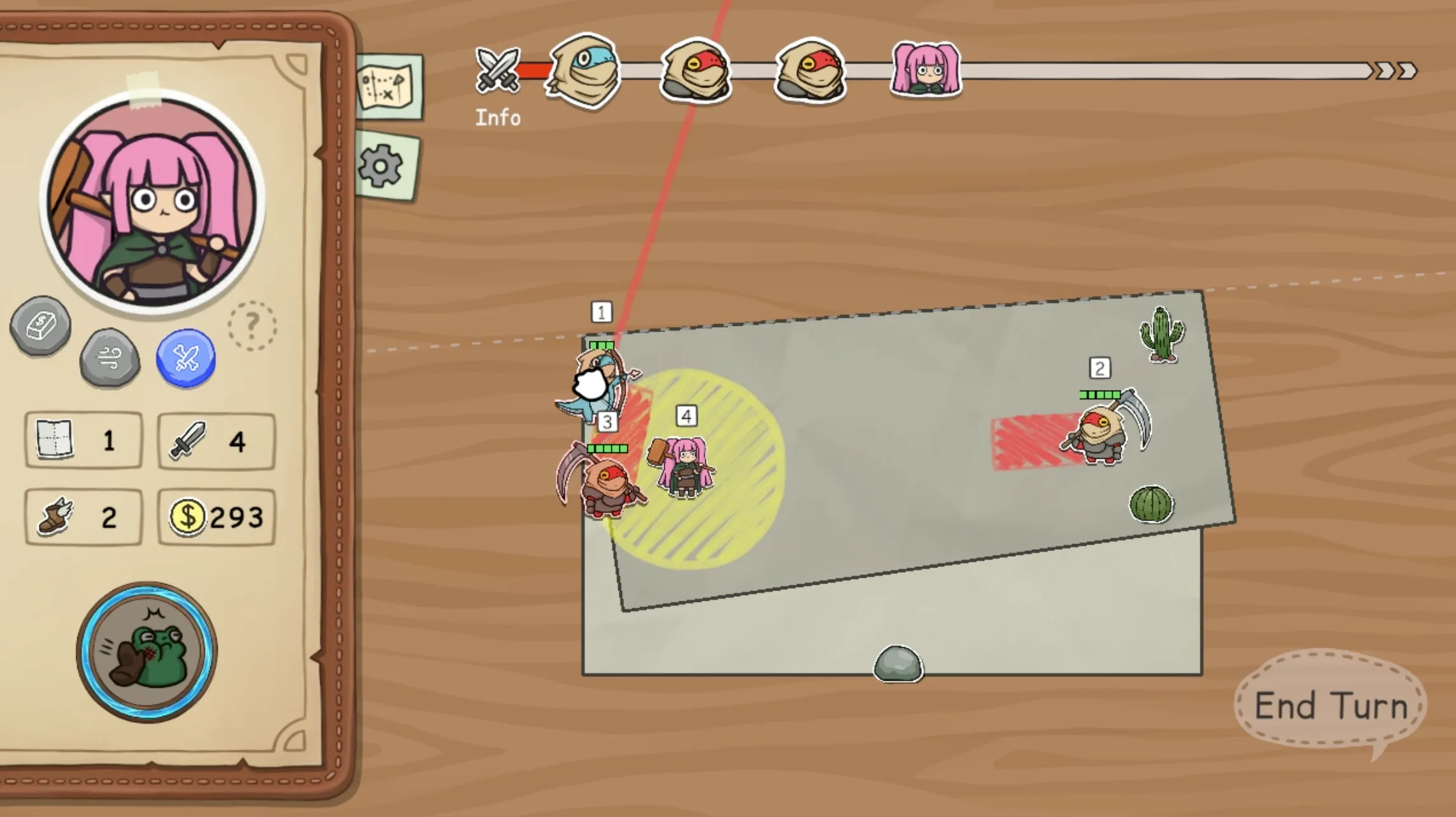 Cartapli gameplay with a once folded paper and a couple of enemies in range of player's attack.