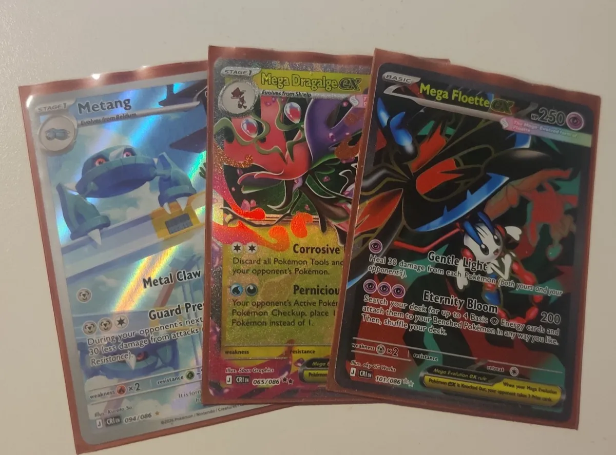 Metang full art, Mega Dragalge ex and Mega Floette ex full art from Chaos Rising