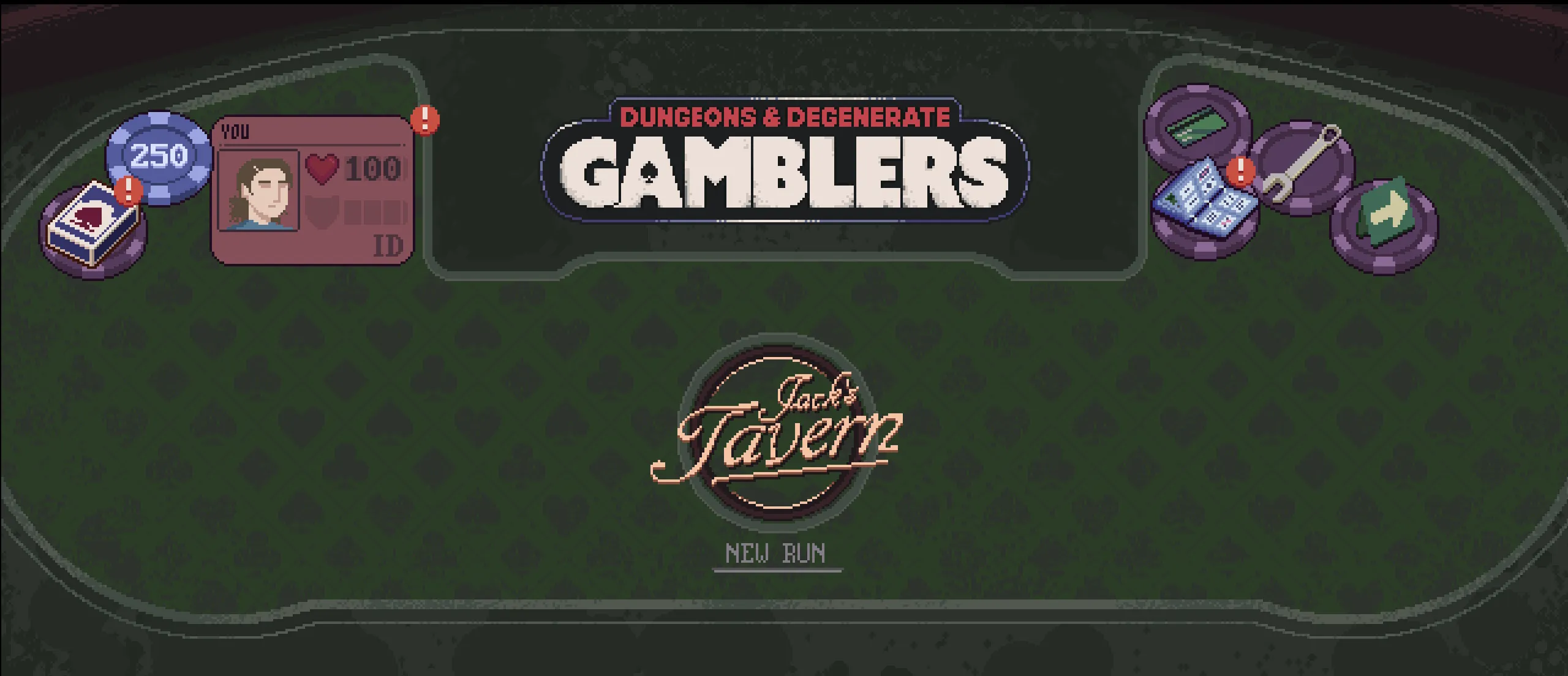 Dungeons and Degenerate Gamblers menu screen that is a blackjack casino table with the game's logo in top center and different menu items displayed as casino chips with a large Jack's Tavern button to start a new run.