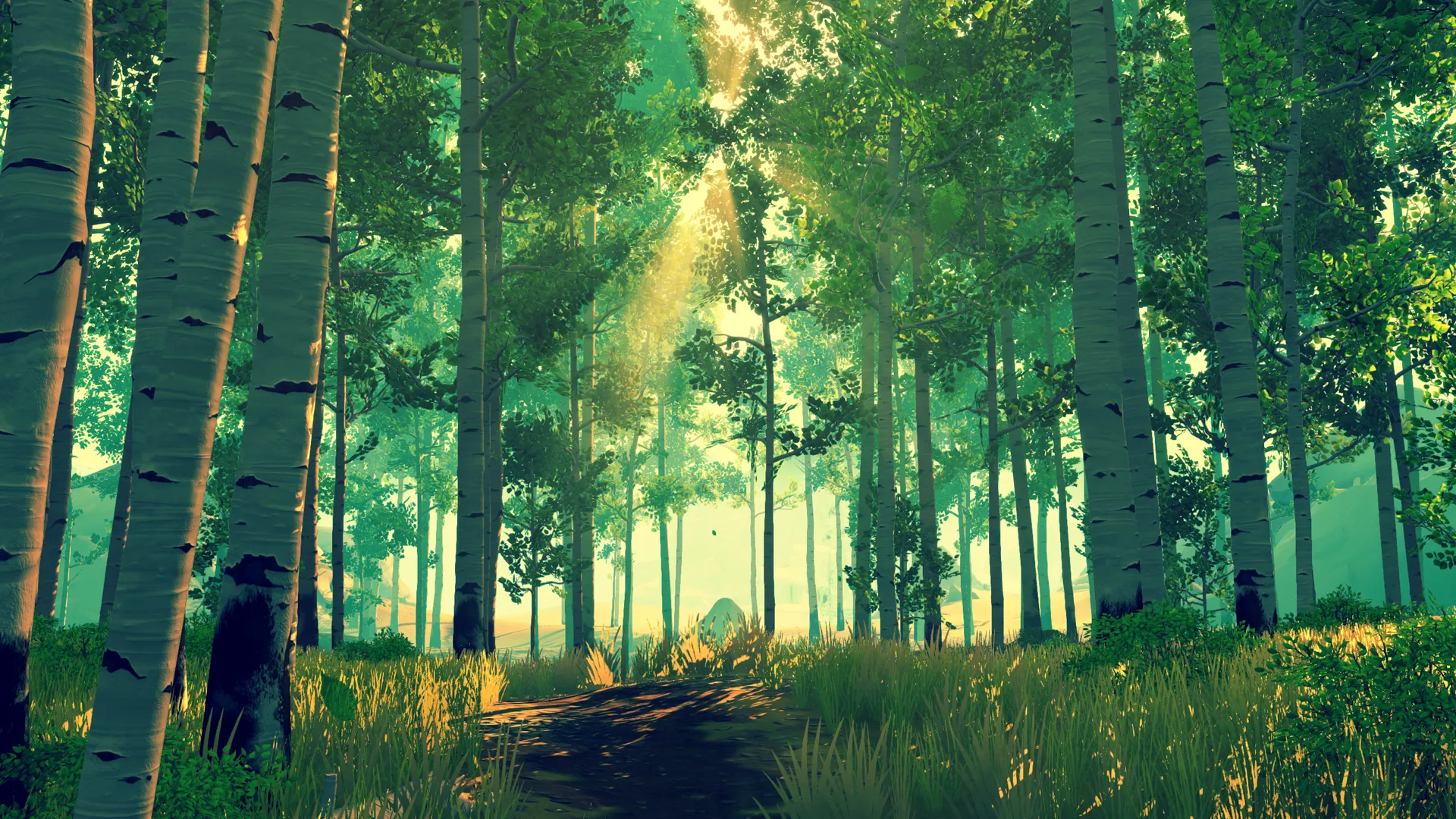 A beautiful green video game forest with birch trees and sun rays poking through the trees