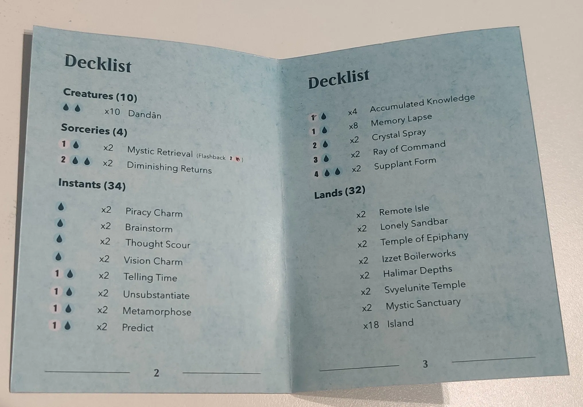 Inside spread of a booklet showing Dandân decklist, listing all the cards separated to creatures, sorceries, instants and lands and showing the mana cost and count of each card in the deck.