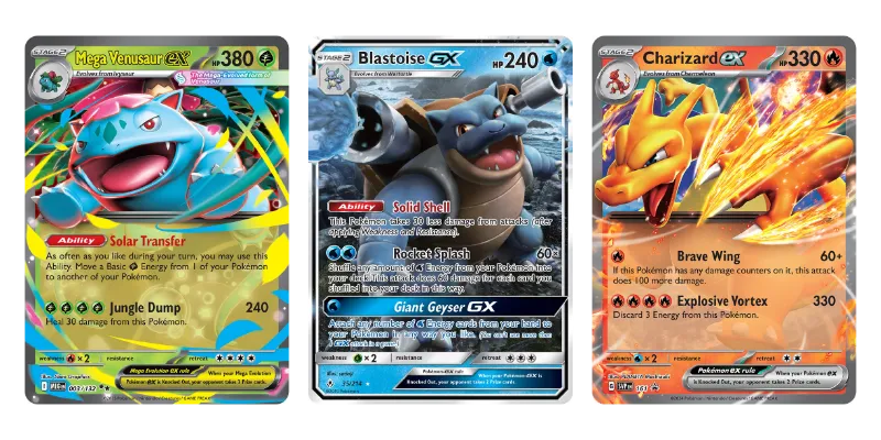 Mega Venusaur ex, Blastoise GX and Charizard ex Pokemon cards.
