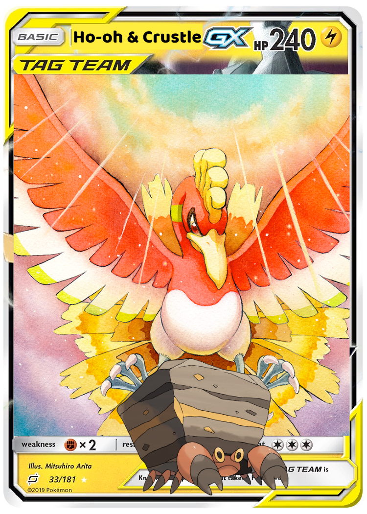 A haphazardly photoshopped Pokemon card where I've slapped Ho-oh and Crustle arts on top of a Pikachu and Zekrom Tag Team GX card and changed its name to Ho-oh & Crustle