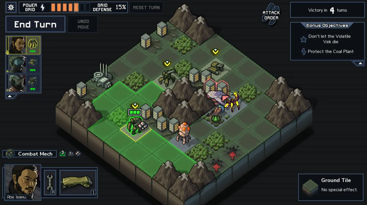 A battle in Into the Breach. There are three player mechs on one side of a small mountain range in the middle of the 8 by 8 grid battlefield. On the other side, one alien bug is treathening a city and two others are lurking nearby.