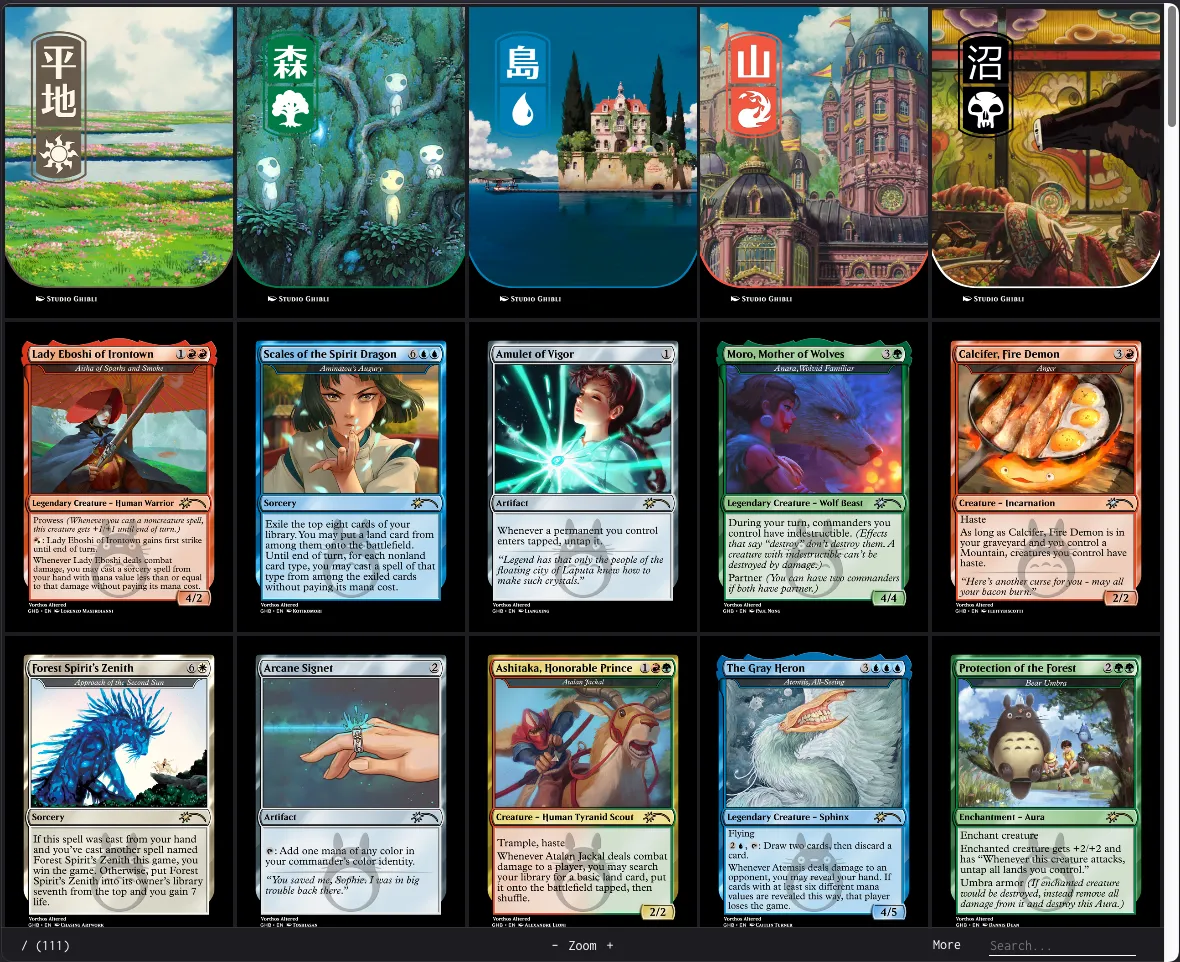Screenshot of Isolate showing custom designed Ghibli themed Magic the Gathering cards