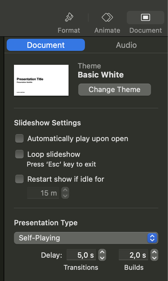 Screenshot from Keynote's Document settings that show presentation type of self-playing  and delay of 5 seconds