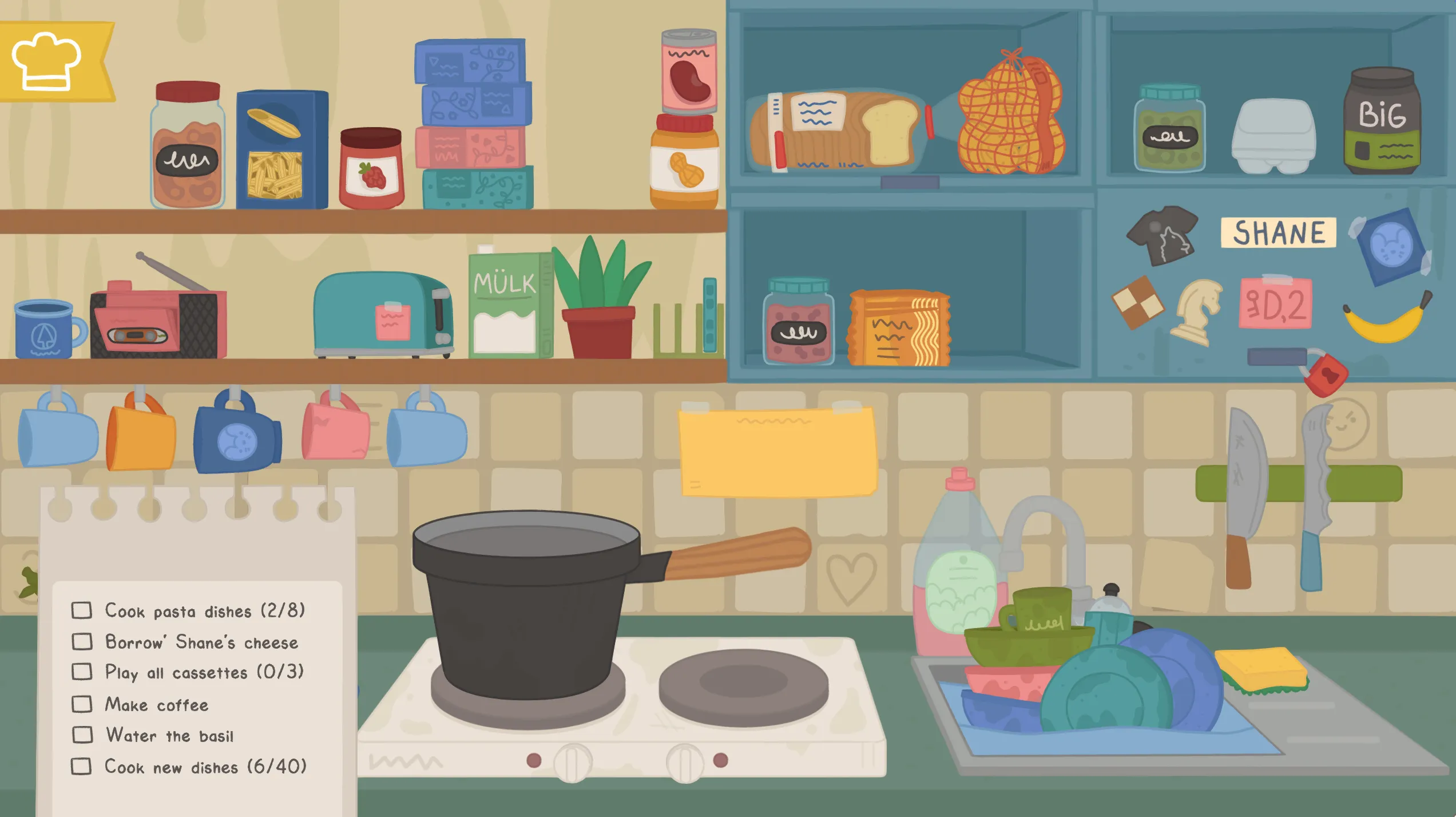 A cartoon style drawn kitchen with food items and appliances on shelves with a two heater stove and a sink full of dirty dishes.