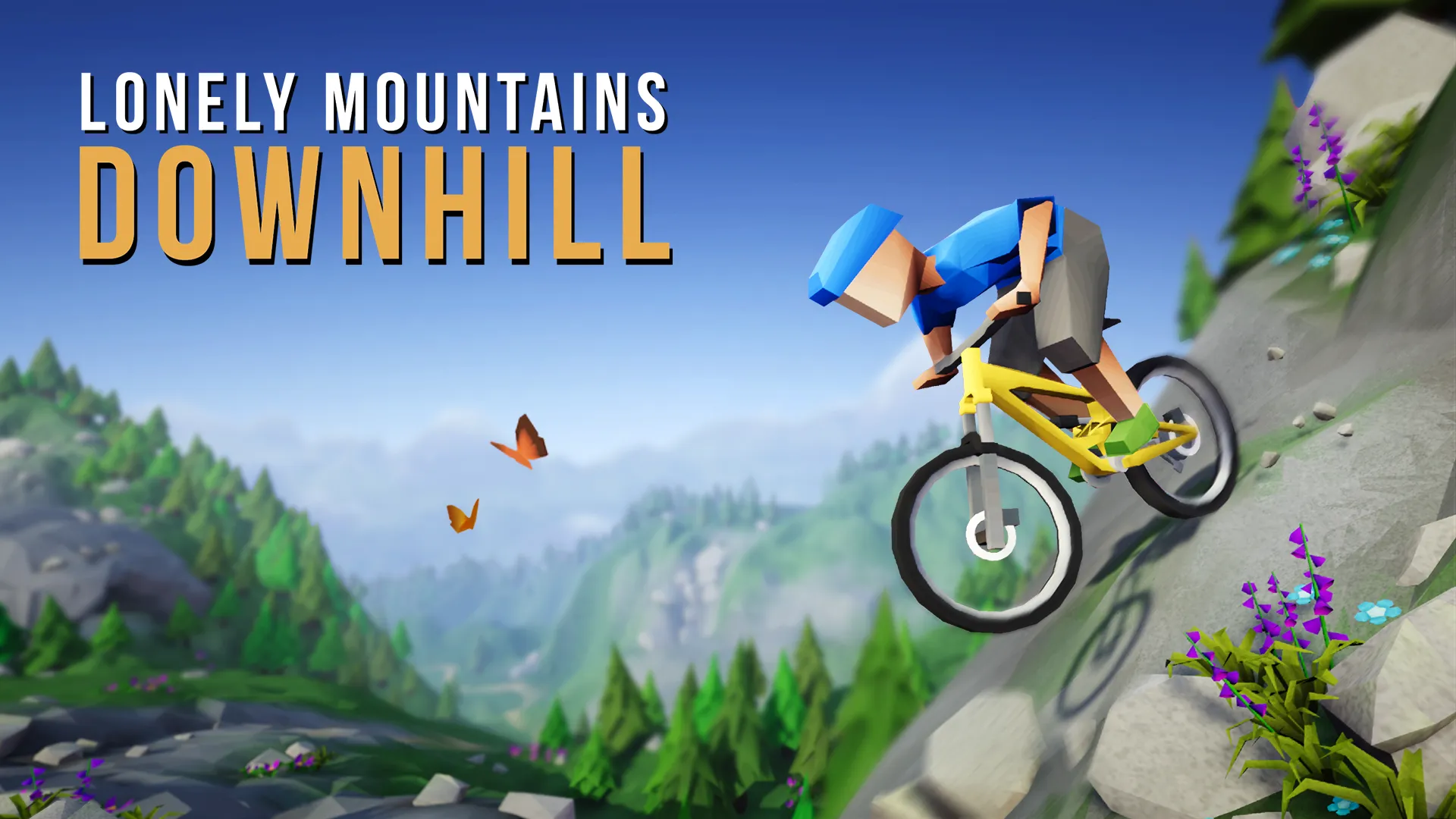 Low-poly image of a mountain biker wearing a blue helmet and shirt, riding on a yellow bike downhill on a mountain. On the sky, there's a Lonely Mountains Downhill word logo