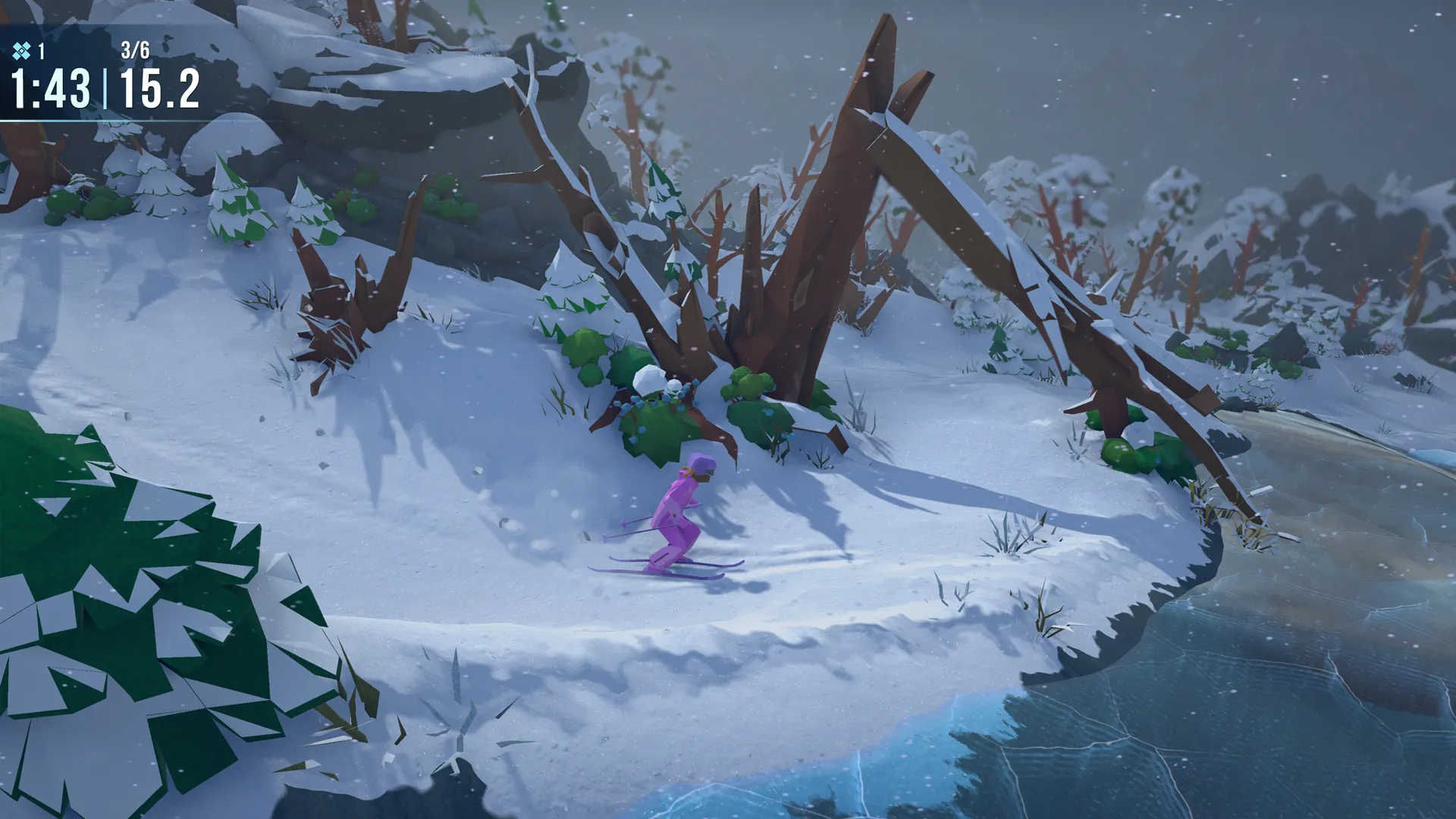 Gameplay screenshot with a purple winter suit wearing skier going downhill towards an arch made by a fallen tree next to a frozen river