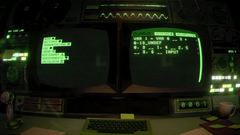 Gaming interface of The Message from Deep Space with two CRT monitors with green tint, a keyboard, a counter showing number 61 and some background tech gear.