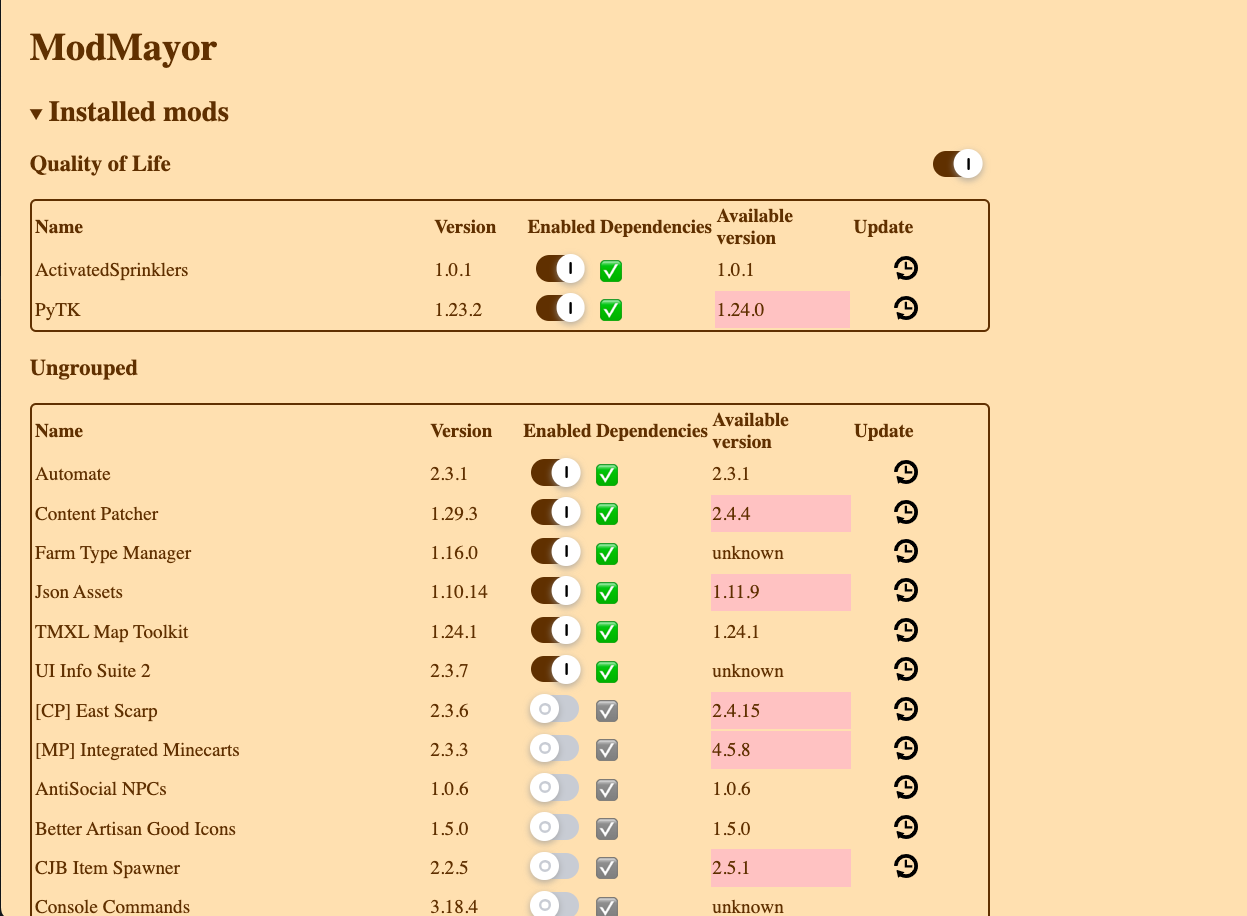 List of Stardew Mods grouped to two groups with some of them enabled and others disabled. Shows latest available versions for each and a button to update a mod.