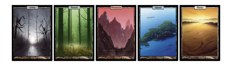 Five Magic the Gathering basic full art lands illustrated by John Avon