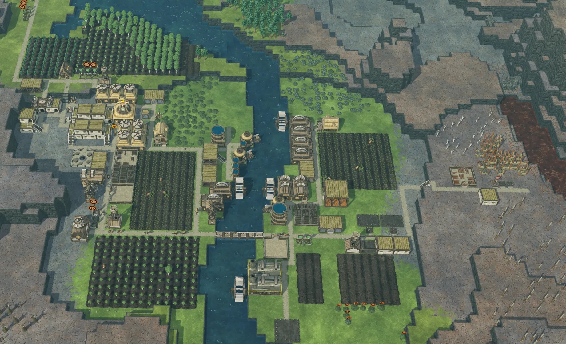 A small Timberborn city split on two sides of a river with two big fields of carrots, couple of tree farms and bunch of buildings on the river banks