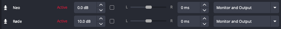 OBS audio properties showing two inputs: Neo and Røde, both with Monitor and Output selected
