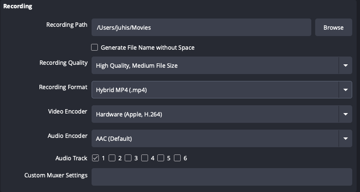 OBS settings for recording with High Quality, Medium File Size Hybrid MP4 with hardware video encoder and AAC audio encoder