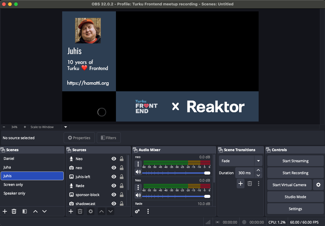 OBS setup with a preview with four zones: speaker info, camera (showing black), slides (most of the screen, currently all black) and event/sponsor info