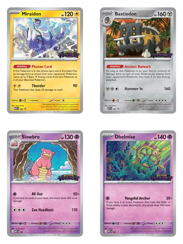 Pitch Black prerelease promos: Miraidon, Bastiodon, Slowbro and Dhelmise