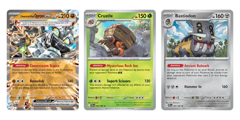 Cornerstone Mask Ogerpon ex, Crustle and Bastiodon Pokemon cards.