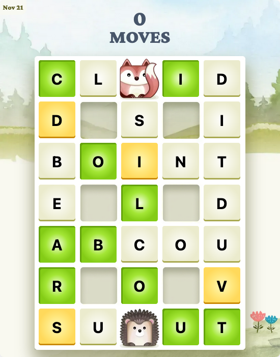 Screenshot of Reunion puzzle for Nov 21st. A puzzle has 7 rows and 5 columns prefilled with letters, some have green, some yellow and some white background. There are two cute animal illustrations in the grid in spots where letters also go: one is a fox and one is a hedgehog. Scoreboard shows 0 moves.