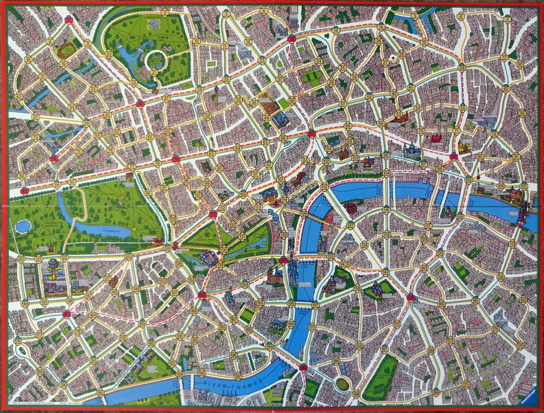 A board game board with a map of London with different numbered intersections being connected with blue, yellow and red lines.