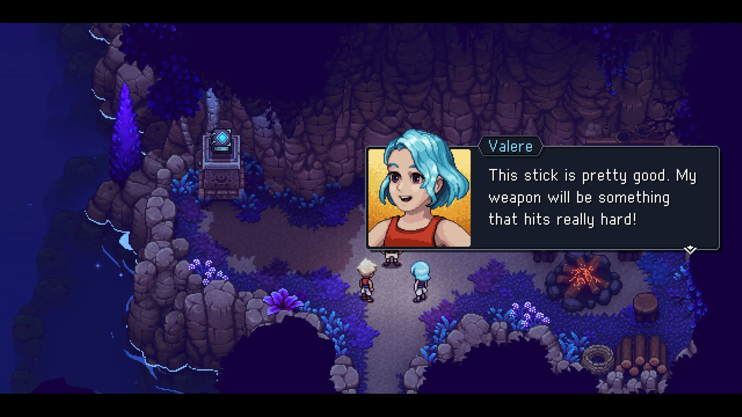 Sea of Stars gameplay: three characters are at a small campsite next to mountains and an ocean. A blue-haired girl called Valere says: This stick is pretty good. My weapon will be something that hits really hard!