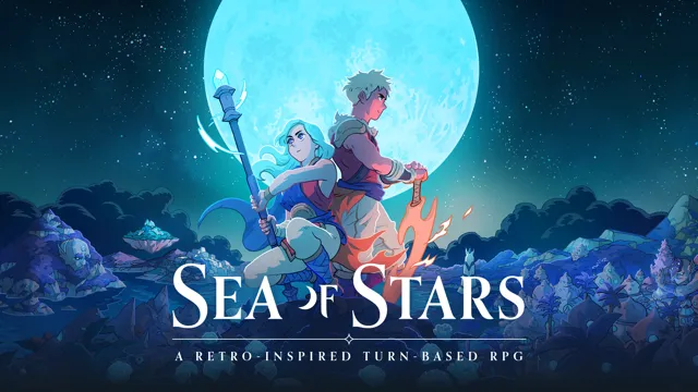 Sea of Stars cover image. A young woman and a young man, both holding magical weapons, standing on top of a mountain with a massive moonlight behind them on night sky.