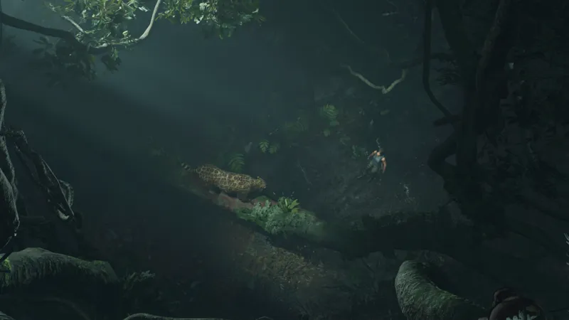 A downwards shot of Lara Croft in the middle of dense jungle and a leopard stalking her from on top of a horisontal tree branch.