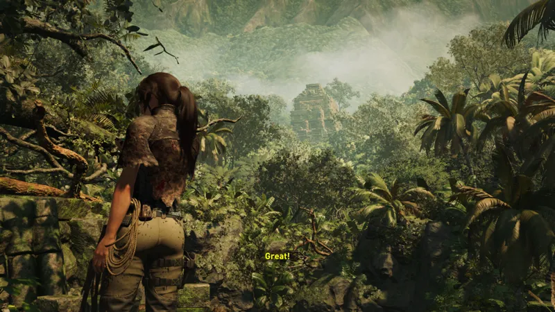Very cinematic view of Lara Croft looking towards a temple that's in the midst of a thick jungle. The image has a yellow tint that together with the green forest creates a mystified atmosphere.