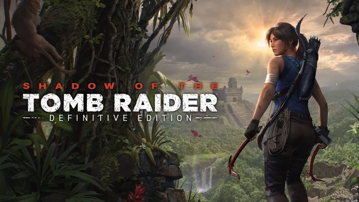 Shadow of the Tomb Raider banner image with Lara Croft, holding two climbing axes with a jungle and an old temple in the background with sun shining through cloudy sky.