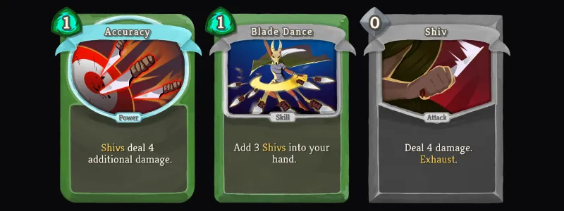 Three Slay the Spire cards: Accuracy that increases Shiv damage by 4, Blade Dance that draws 3 Shivs and Shiv that deals 4 damage and exhausts for 0 energy.