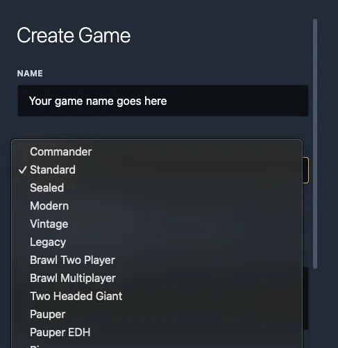 Screenshot of Create Game form with a list of formats open, showing Standard as selected option.