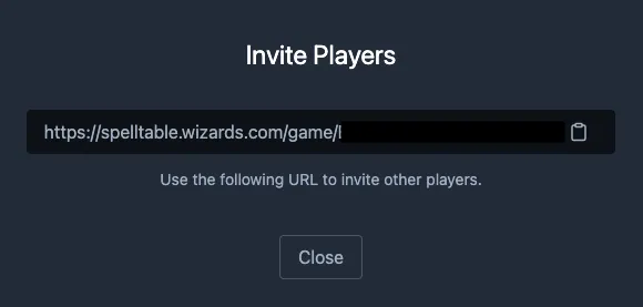 Screenshot of Invite Players modal with a partially obscured URL for spelltable.wizards.com showing with a helper text Use the following URL to invite other players.