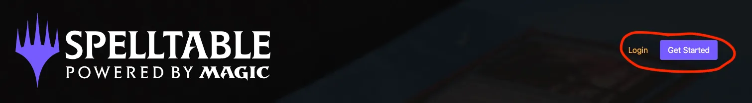 Screenshot of SpellTable with Login and Get Started links highlighted.