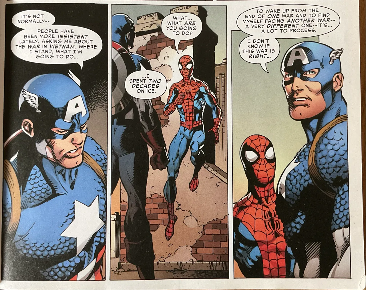 3 panels from the comic with Captain America and Spider-Man discussing joining the war in Vietnam.