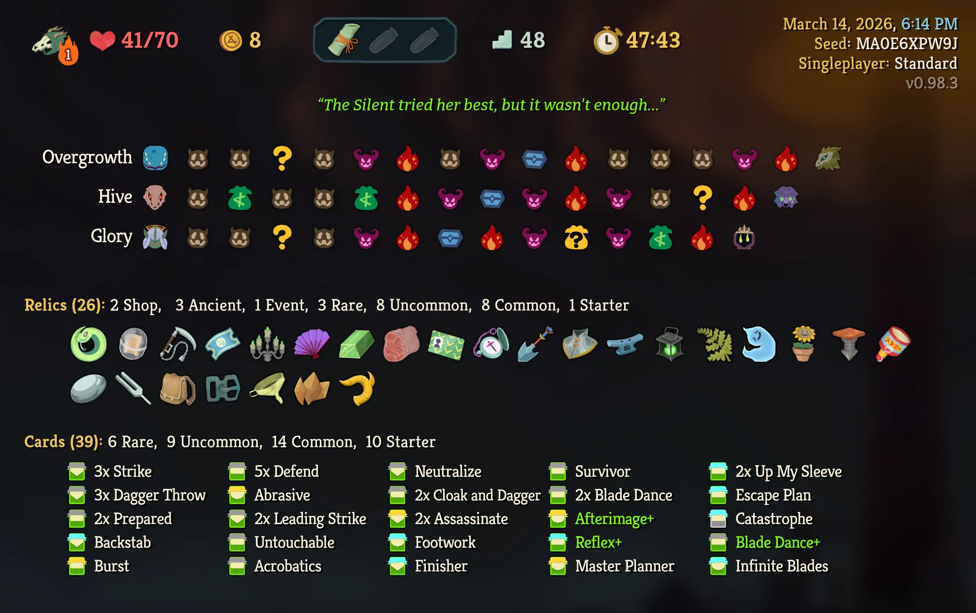 An overview of a run that succeeded in 47 minutes and 43 seconds by Silent on Ascension level 1.