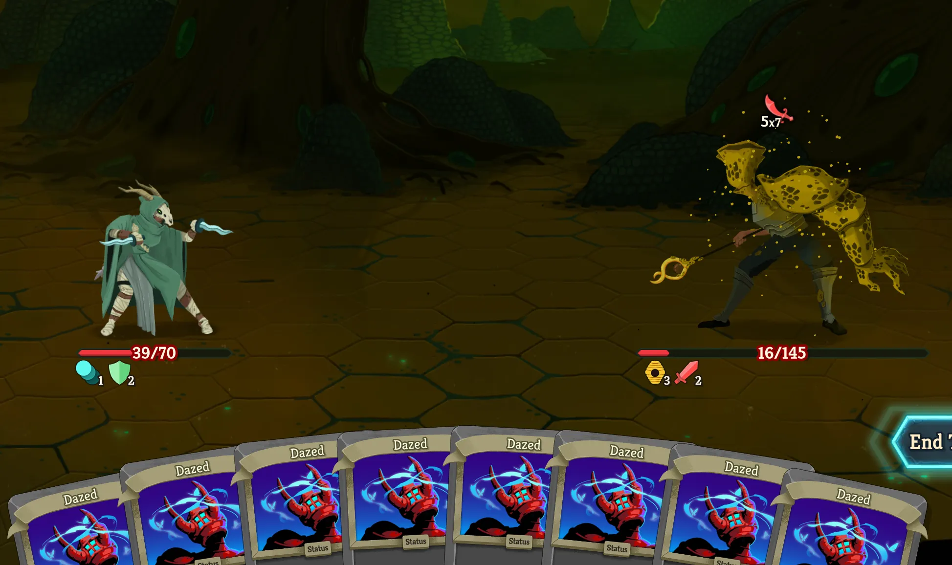 Silent facing a monster in yellow armour. Hand is 8 Dazed cards.