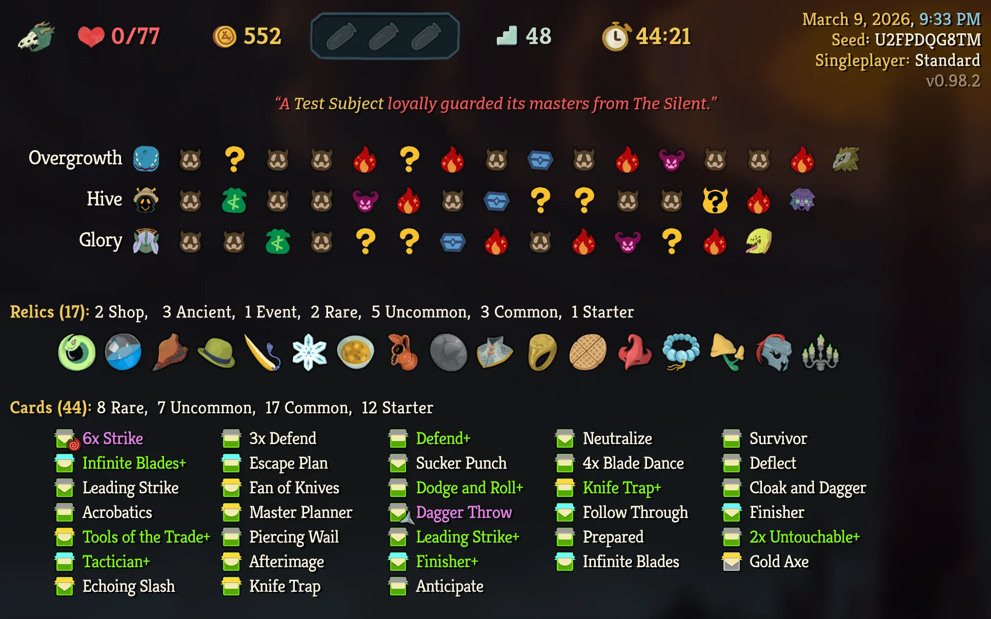 An overview screen of a finished run that reached 48 steps in 44 minutes and 21 seconds but failed.