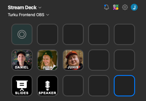 Stream Deck configuration with a button for recording in top row, three buttons in middle row, one for each speaker with their faces and names and two buttons in bottom row, one for slides and one for speaker.