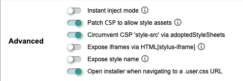 Screenshot of Stylus advanced options with the aforementioned two options turned on