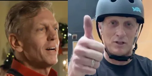 Portraits of Ted Atherton and Tony Hawk next to each other